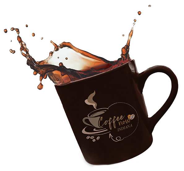 Coffee Now Indiana Logo on a cup of coffee